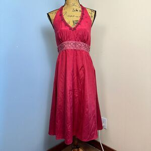 Spenser Jeremy Sz 6‎ Dress Silk Slip Halter Beaded Lace Midi Hot Pink Fairy
